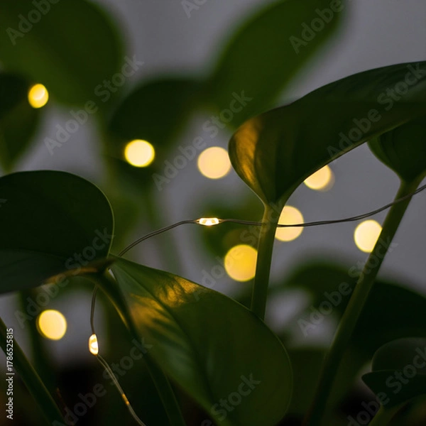 Fototapeta Atmospheric close-up of a green houseplant wrapped in magical fairy lights, creating a cozy and festive hygge mood. An intimate and warm background for holiday celebrations or home decor concepts.
