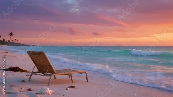 Obraz Tranquil twilight beach with blue waves and empty woven chair. Relaxation atmosphere for travel, wellness, and tropical vacation design