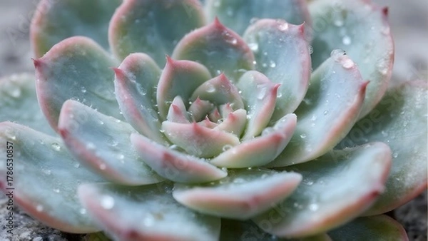 Obraz Macro close-up of Echeveria succulent with dew and soft color gradient. Minimalist visual for houseplant design and home decor.