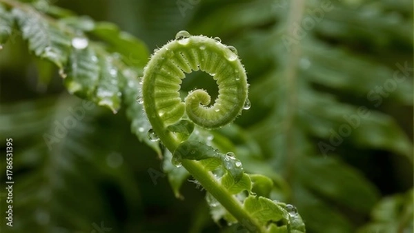Obraz Macro of unfurling fern frond with fine hairs and dew. Growth symbol for motivational design, nature, and botanical education