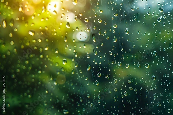 Obraz Raindrops on window with blurred green background
