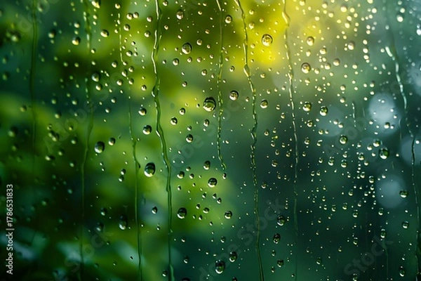 Obraz Raindrops on window with blurred green background