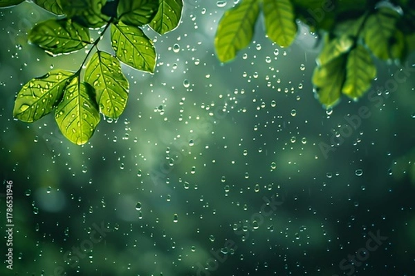 Obraz Raindrops on window with blurred green background