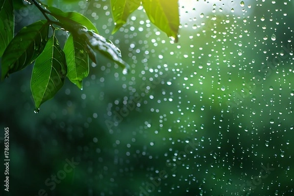 Obraz Raindrops on window with blurred green background