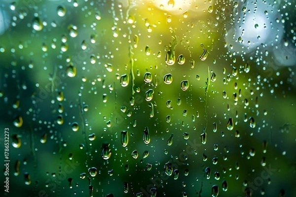 Obraz Raindrops on window with blurred green background