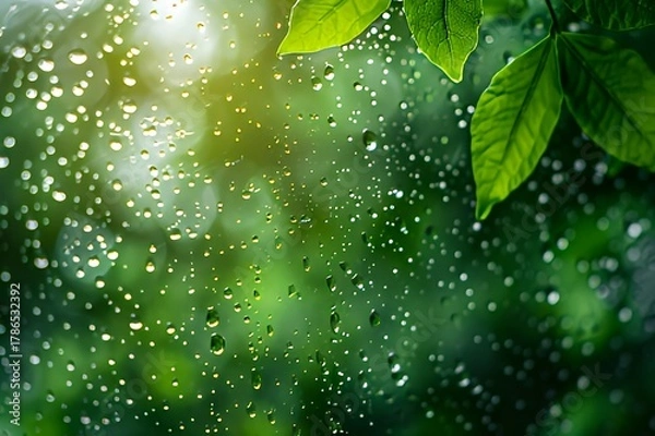 Obraz Raindrops on window with blurred green background
