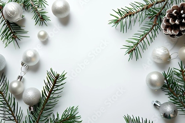 Obraz Silver ornaments and pine branches on white background
