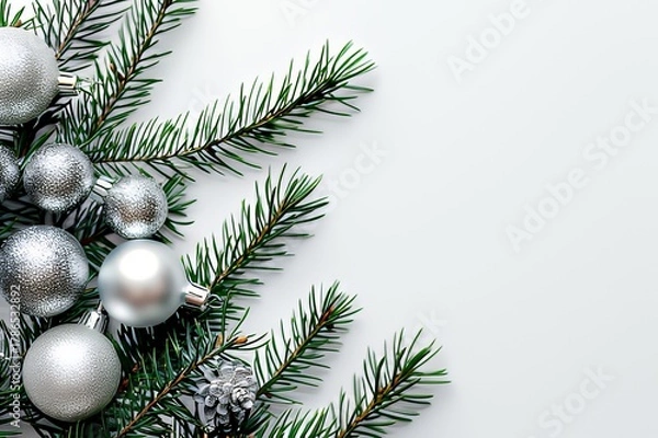 Obraz Silver ornaments and pine branches on white background