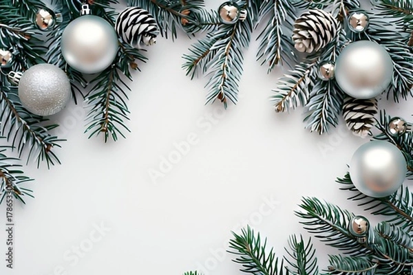 Obraz Silver ornaments and pine branches on white background
