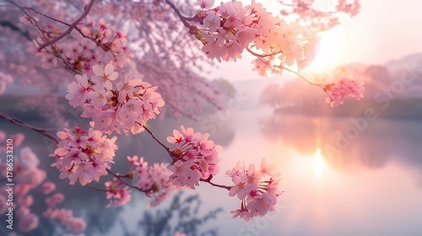 Obraz Cherry blossoms over calm river at sunrise