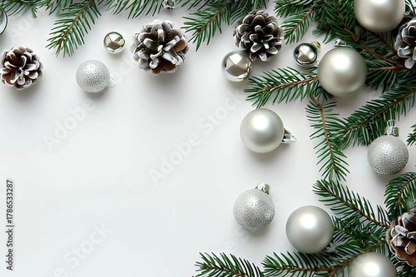 Obraz Silver ornaments and pine branches on white background