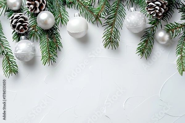 Obraz Silver ornaments and pine branches on white background