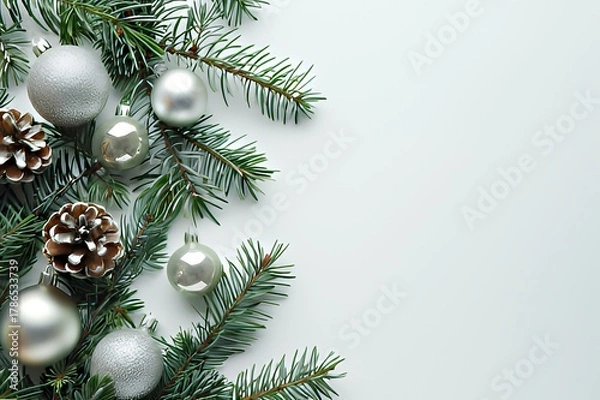 Obraz Silver ornaments and pine branches on white background