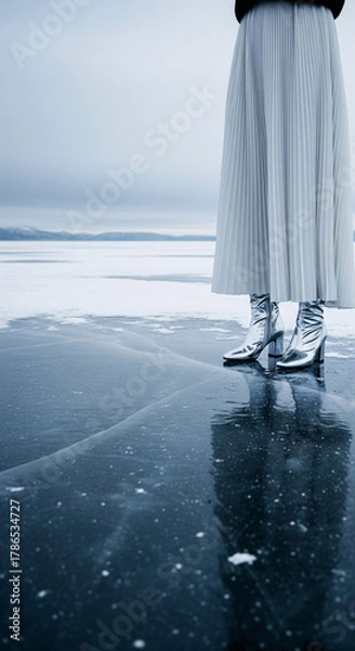 Fototapeta A surreal high-fashion scene of a woman in futuristic silver boots and a flowing pleated skirt standing on a vast, frozen lake. An ethereal and cold winter concept with dramatic reflections