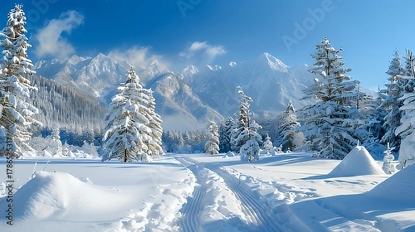 Obraz Snow-covered pine forest with mountain backdrop
