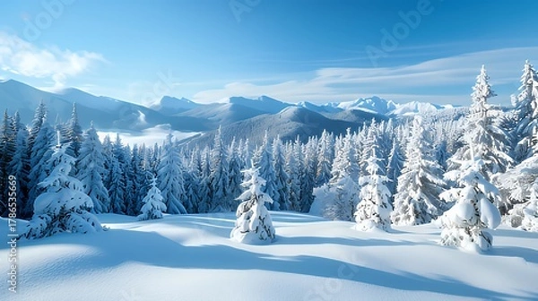 Obraz Snow-covered pine forest with mountain backdrop
