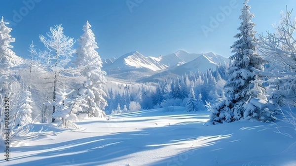 Obraz Snow-covered pine forest with mountain backdrop