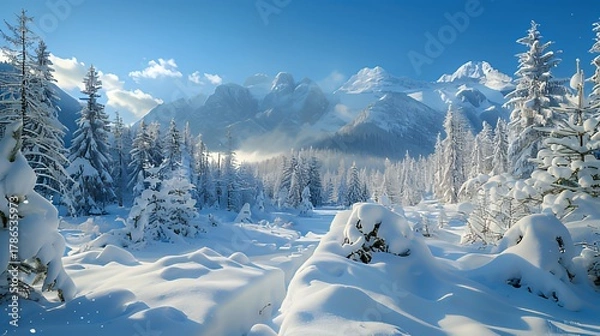Obraz Snow-covered pine forest with mountain backdrop