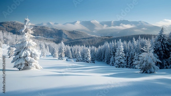 Obraz Snow-covered pine forest with mountain backdrop