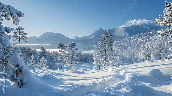 Obraz Snow-covered pine forest with mountain backdrop