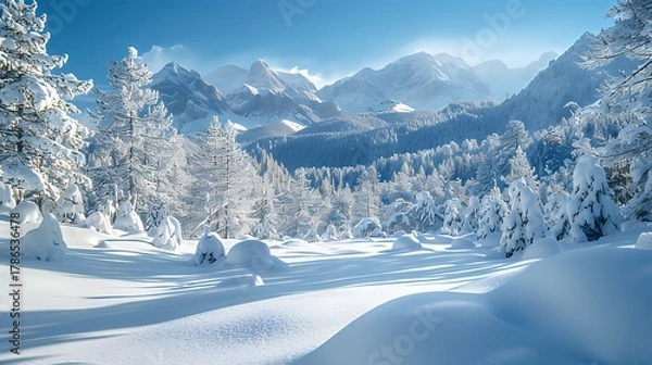 Obraz Snow-covered pine forest with mountain backdrop