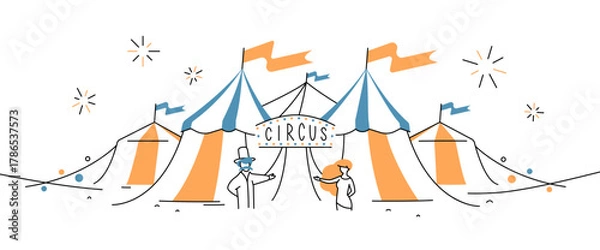 Obraz Vector illustration of a circus entrance with a man and woman inviting visitors inside, colorful tents in the background, simple cartoon design