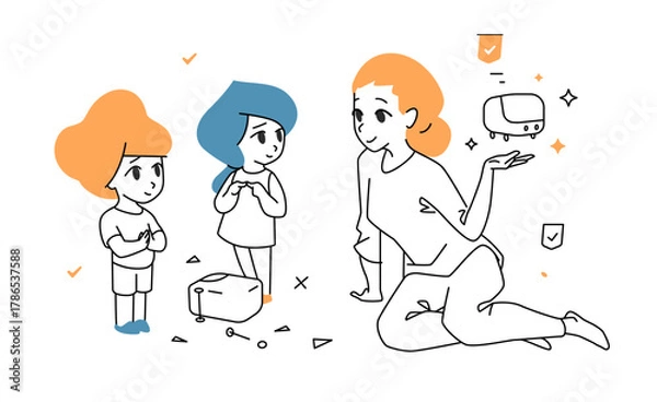 Obraz Vector illustration of a mother comforting her children after a broken toy, showing family protection and care, symbolizing insurance and security in a cartoon design