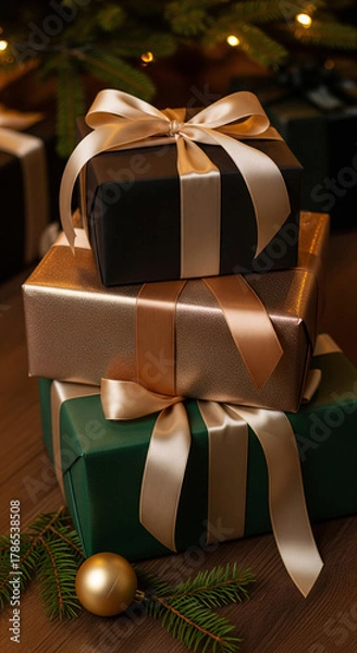 Fototapeta Elegant stack of Christmas gifts in luxury black, gold, and green paper, tied with champagne satin ribbons. A festive and sophisticated holiday scene with presents under a glowing Christmas tree.