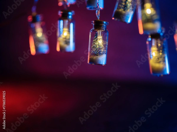 Fototapeta Christmas garland with snow and fir trees in small glass jars. Copy space