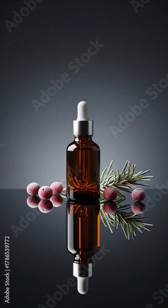 Fototapeta Elegant mockup of an amber glass dropper bottle for a winter skincare serum or essential oil. A luxury cosmetic still life with frosted cranberries and rosemary on a reflective, dark background.