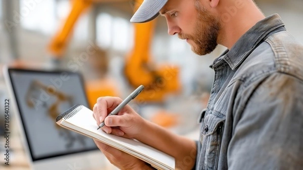 Fototapeta Engineer writing in a notebook with an industrial robotic arm in the background. Manufacturing, automation, and robotics technology concept