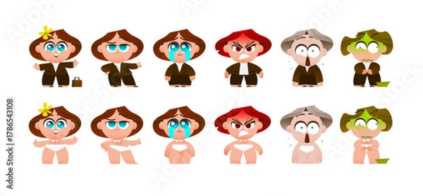 Obraz Cute Cartoon Businesswoman Character with Six Emotions in Full Body Poses. Stylish Female in Suit and Underwear Versions. Perfect for Animation, Web, and Creative Illustration Projects.
