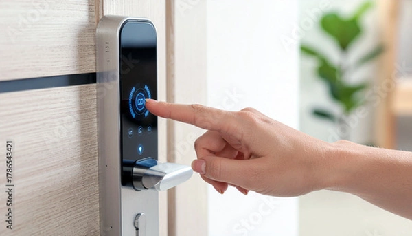Fototapeta Effortlessly secure your home with a modern smart lock, offering convenience and peace of mind through intuitive touch access.