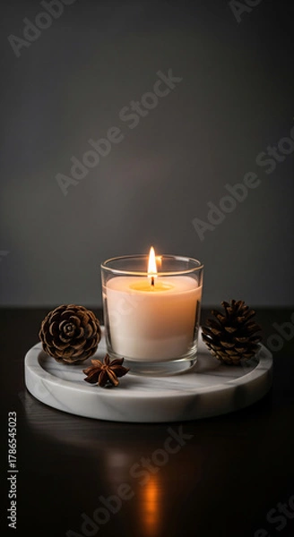 Fototapeta Cozy and atmospheric still life of a lit candle in a glass, with pinecones and star anise on a marble tray. A serene hygge concept for winter holidays, relaxation, wellness, and aromatherapy.