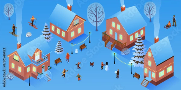 Fototapeta Winter holiday village scene with people skiing sledding skating and playing in snow near cozy decorated houses with glowing lights and snow covered roofs