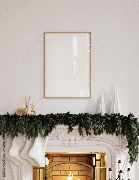 Fototapeta Christmas poster frame mockup in Scandinavian interior with fireplace and decoration, 3d render