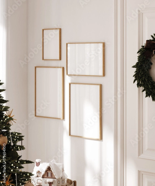 Fototapeta Christmas poster frame mockup in Scandinavian interior with Christmas tree and gifts, 3d render