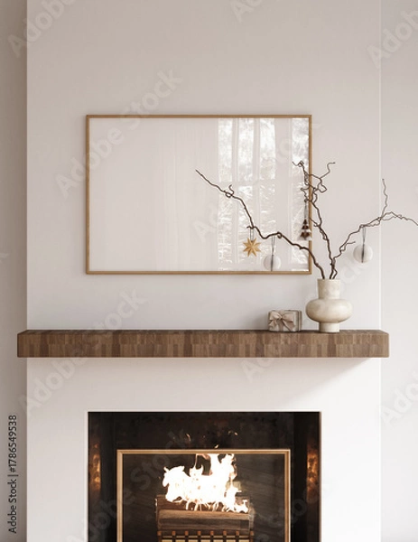 Fototapeta Christmas poster frame mockup in Scandinavian interior with fireplace and decoration, 3d render