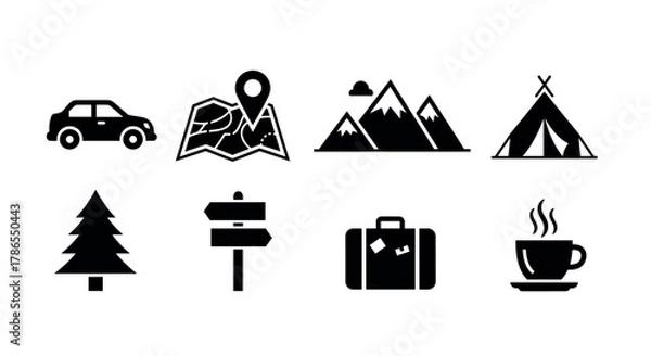 Fototapeta Black outline icons of a car, map with a location marker, mountains, tent, tree, signpost, suitcase, and steaming coffee mug, representing travel and adventure themes.