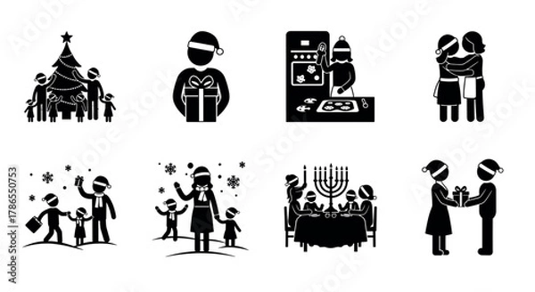 Obraz Silhouette illustrations showcasing various christmas activities, including gift exchange, family dinner, decorating a tree, and playing in snow, all featuring figures wearing santa hats.
