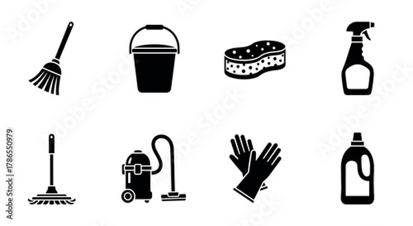 Fototapeta Black silhouette icons depicting various cleaning tools, including a broom, bucket, sponge, spray bottle, mop, vacuum cleaner, gloves, and detergent bottle.
