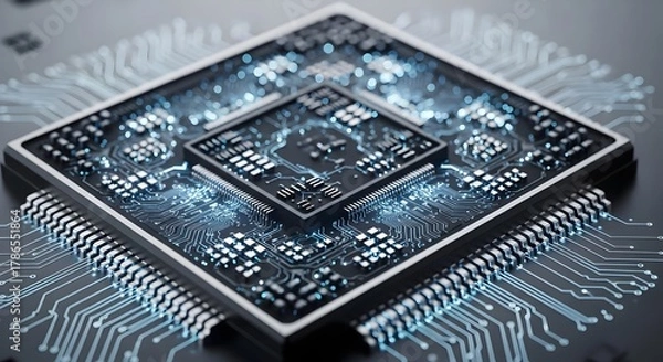 Fototapeta Realistic AI microchip close-up with glowing circuits and metallic texture.