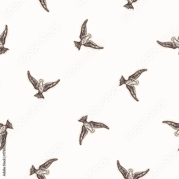 Fototapeta Christian holy dove hand drawn seamless vector pattern. Religious home decor background for sunday school bible study motif. Reflection candle symbol all over print. 
