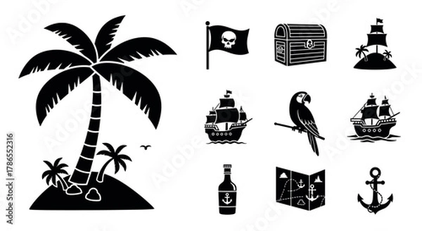 Fototapeta Black silhouette icons of pirate-themed elements including a palm tree, pirate flag, treasure chest, ship, parrot, map, bottle, and anchor.