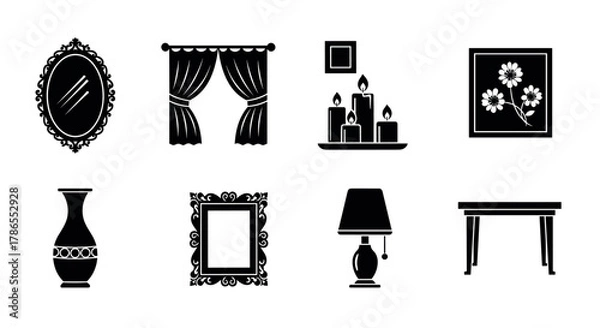 Obraz Black silhouette icons of various home decor items including a mirror, curtains, candles, flower picture, vase, picture frame, lamp, and table.