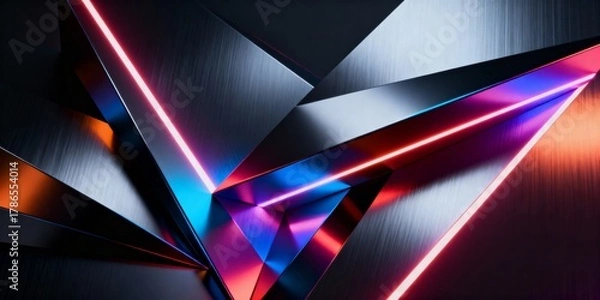 Fototapeta Abstract futuristic background with geometric metal shapes. Red and blue neon lights on a dark brushed metallic surface. Modern technology and gaming wallpaper