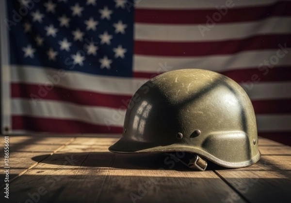 Obraz  Military Helmet on Wooden Table with American Flag

