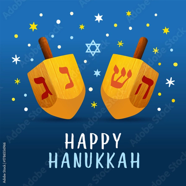 Obraz Happy Hanukkah greeting card with holiday dreidel. Traditional symbol of Jewish holiday of lights dreidel for banner or poster design. Vector illustration