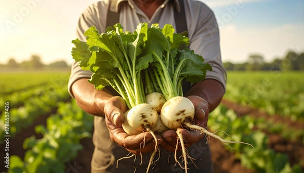 Obraz farmer's hands holding turnips in the field