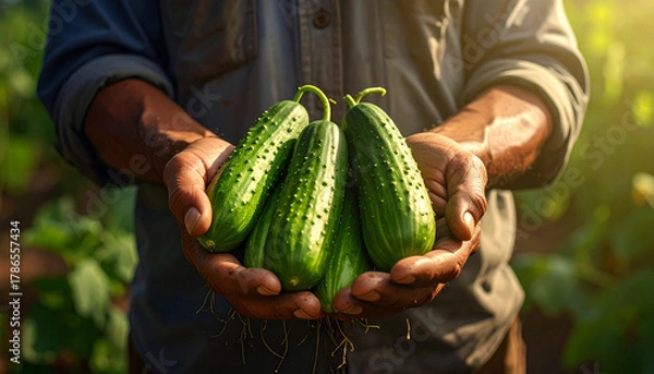 Obraz farmer's hands holding cucumbers in the field